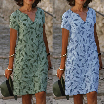 Ladies V Neck Beach Boho Sundress Plus Size Women Summer Cotton Linen Leaf Dress $21.51