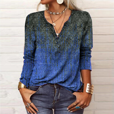 Womens Floral V Neck Long Sleeve T Shirt Blouse Casual Loose Tunic Tops Pullover $21.39