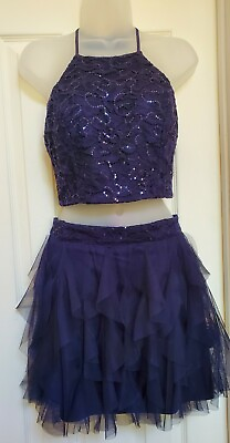 #ad Size 5 Two Piece Prom Outfit Skirt amp; Halter Top Midnight Blue Beaded Top Tulle $29.99