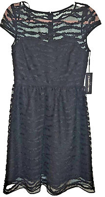 #ad Karl Lagerfeld Paris Sz 2 Lined Cocktail Dress Black Lace Mesh With Cap Sleeves $61.60