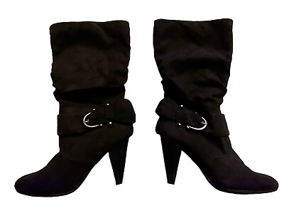 Womens boots black suede size 9 9m high heel buckles zippers mid calf gorgeous $24.50