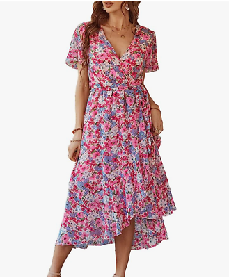 #ad Boho Dress Wrap V Neck Short Sleeve Belted Ruffle Hem Maxi Dress XL Floral $33.25