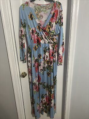 #ad Women’s Light Blue Floral Printed Long Maxi Fall Casual Dress Size Large Tall $6.48
