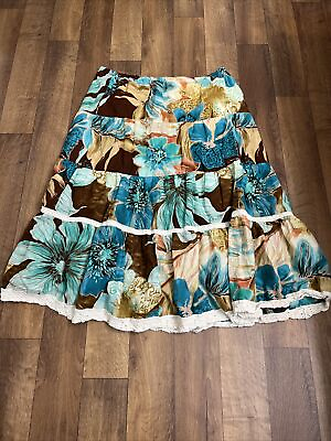 #ad Caribbean Joe Women#x27;s Skirt Size XL Multicolor Floral Tiered Lace Boho Lined $14.49