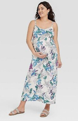 #ad Isabel Maternity Floral Tie Back Maxi Dress White Blue Purple XS $24.99