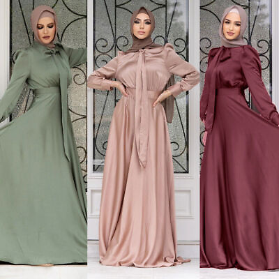 #ad Satin Abaya Dubai Kaftan Muslim Women Maxi Dress Party Gown Jilbab Robe Ramadan $40.99