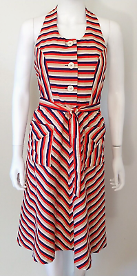 #ad Vintage 50s 70s Chevron Disco Stripe Preppy Cotton Halter Resort Sundress XS $46.00
