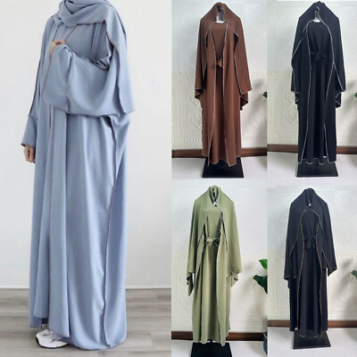 #ad 3pcs Abaya Muslim Women Open Cardigan Inner Maxi Dresses Hijab Sets Dubai Kaftan $53.56