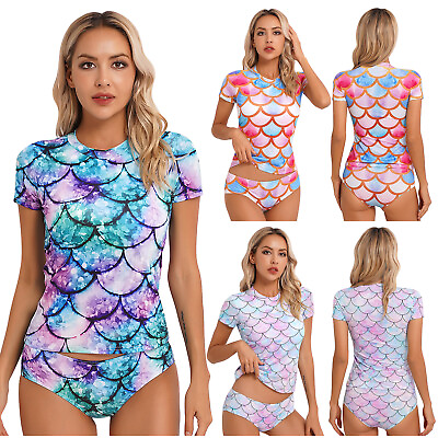 #ad Women 2Pcs Swimsuit Mermaid Fish Scales Printed Tops with Briefs Bathing Suit $6.89