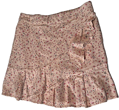 #ad Sim and Sam Micro Mini Skirt Soft Pink Floral with Wrap Look and Ruffles SZ XS $10.00
