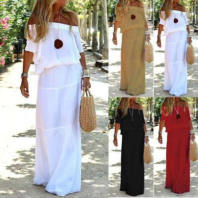 Womens Off Shoulder Maxi Dress Loose Baggy Solid Summer Holidays Sun Dress Size $24.99