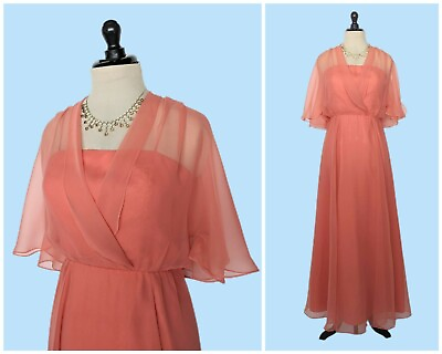 #ad Vintage 70s Peach Boho Maxi Dress 1970s Floor Length Chiffon Evening Gown $75.00
