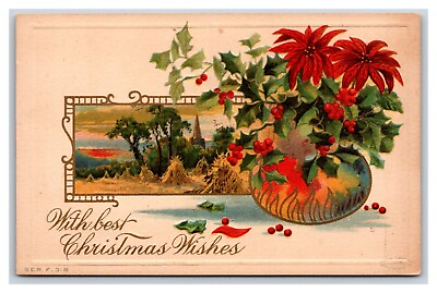 #ad Holly Poinsettias Best Christmas Wishes Embossed UNP Unused DB Postcard R10 $3.95