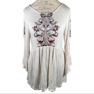 #ad Susina Embroidered Floral White Boho Long Sleeve Blouse Size Large Peasant Top $25.00