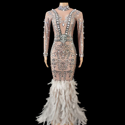 #ad Sparkly Rhinestones White Feather Tail Dress Party Long Dresses Singer Stage $205.72