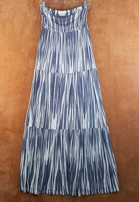 VELVET Womens Dress Medium Blue Stripe Maxi Tiered Strapless ANTHROPOLOGIE $32.88