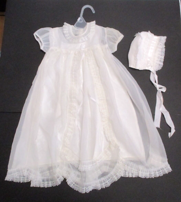 #ad VINTAGE INFANT GIRLS WHITE LACE TRIM CHRISTENING DRESS GOWN amp; SLIP BONNET 3 M $24.00
