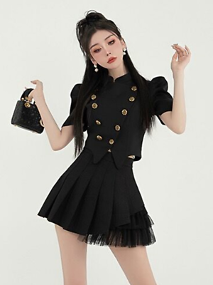 #ad 2023 Women Bubble Sleeve Short Blazer Coat Pleated Skirt Suits 2Piece Outfits $56.37
