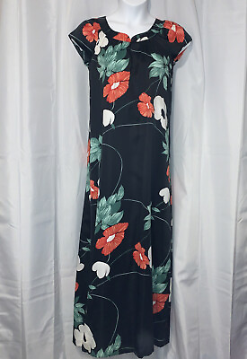 #ad #ad Vintage Nani Of Hawaii Liberty House Black Long Maxi Dress Red White Hibiscus 6 $98.00