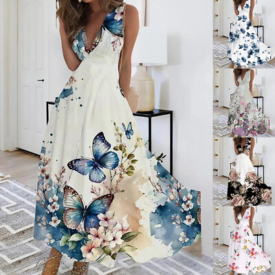 #ad Womens Boho Floral Maxi Vest Dress Ladies Summer Beach Holiday Swing Sun Dresses $25.19