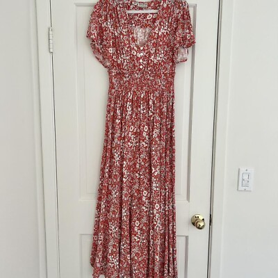 #ad Tree Of Life Flutter Sleeve Red Floral Maxi Dress Size Small $40.00