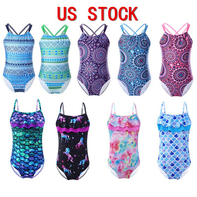 #ad US Kids Girls One Piece Swimsuit Mermaid Beach Swimwear Ruffle Bathing Suit $12.02