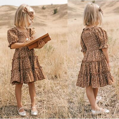 Girl Short Sleeve Dress Ruffle Summer Casual Flower Print Smocked Clothes Party $43.19