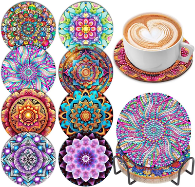 #ad #ad 8 Pcs Diamond Art Painting Coasters with Holder DIY Boho Mandala Flower Diamond $22.74