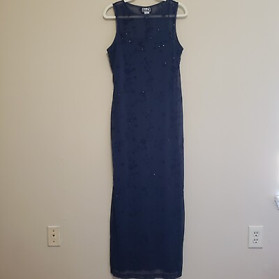 #ad Vintage City Triangle Prom Maxi Dress Y2K Navy Blue Sparkly Glitter Sheer Large $28.00