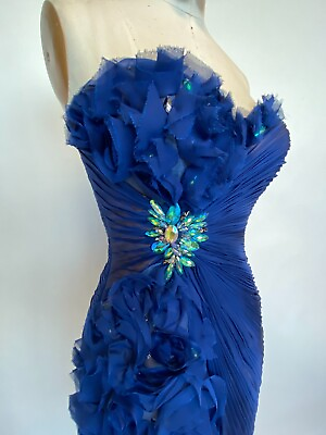 #ad #ad Blue Dress Size 8 Beaded Chiffon Sapphire Short Ruffled Cocktail Party Sz 8 $119.92