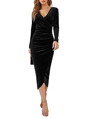 DIRASS Black Cocktail Dresses for Women Wedding Guest Long Sleeve V Neck Fall $7.99