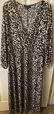 #ad Eloquii Leopard Maxi Dress Plus Size 18 Slit Long Sleeve V Neck Elastic Waist $28.00