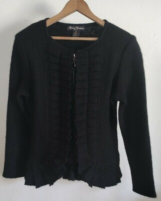 #ad Marisa Christina Boiled Wool Ruffle Accent Full Zip Sweater Black Petite Medium $32.99