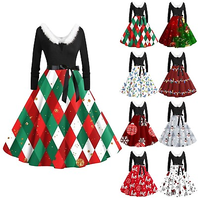 #ad Xmas Women#x27;s V neck Christmas Print Flare Dress Long Sleeve Dress Party Dress $21.99