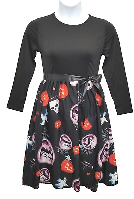 #ad Halloween Party Women#x27;s Long Sleeve A line Dress Size Small Black Jack o Lantern $11.98