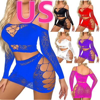 #ad US Women#x27;s Fishnet Long Sleeve Crop Top with Mini Skirt Lingerie Babydoll Teddy $7.34