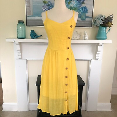 #ad Sundress Medium Bright Yellow Crepey Ruched Back Off Center Mlle Gabrielle $18.75