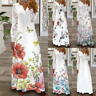 #ad Womens Lace Long Sleeve Boho Floral Dress V Neck Holiday Beach Party Sundress US $37.59