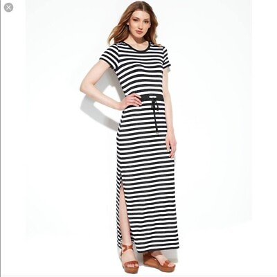 #ad Michael Kors Womens Maxi Dress Striped T Shirt Side Slit Tie Waist Black White S $30.00