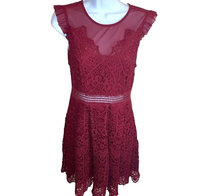 #ad Size Small Burgundy Lace Cocktail Party Event Dress Juniors Stretch Short Sleeve $14.99