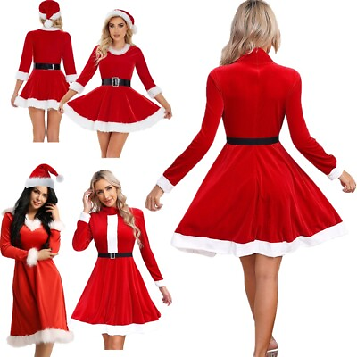 Adult Womens Christmas Xmas Party Dress Long Sleeve Velvet Faux Fur Trim Dress $8.89