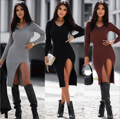 #ad Women Sexy V Neck Party Evening Cocktail Dress Long Sleeve Bodycon Mini Dresses $20.99