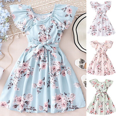 #ad Toddler Girls Child Fly Sleeve Floral Prints Summer Beach Sundress Party $14.99