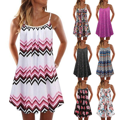#ad Women#x27;s Sundress Summer Strap Mini Loose Pleated Sleeveless Beach Short Dresses $17.25