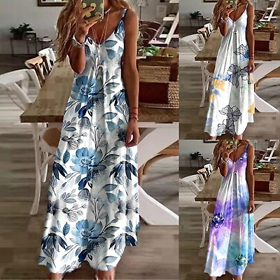 #ad Maxi Dresses For Women Summer Sleeveless Boho Sundress Casual V Neck Long $25.76