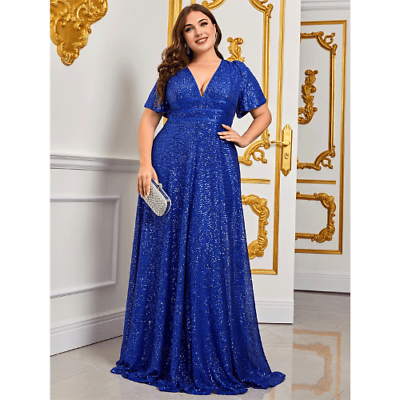 #ad Plus Size Blue Sequins Shiny Maxi Evening Dress Luxury V Neck Loose Summer $94.30