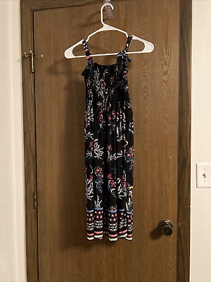#ad Black Floral Boho Tie Straps Maxi Dress Size Small Boho $5.00