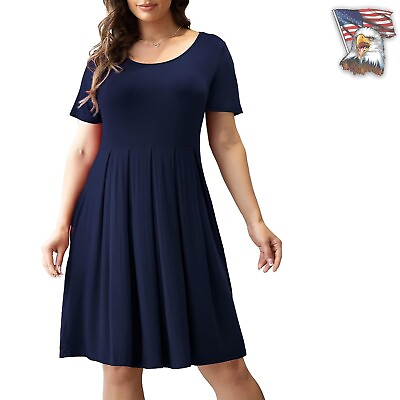 #ad Chic Plus Size Navy Blue Swing Dress with Pockets Summer Fashion Essential $60.79