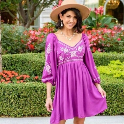 #ad Savanna Jane Womens Purple White Floral Embroidered Peasant Boho Dress Small New $44.00