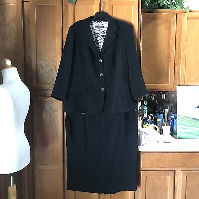#ad Marina Rinaldi Italy 31 Jacket Skirt Suit Set Black Crepe Buttons Pockets EXC $55.99
